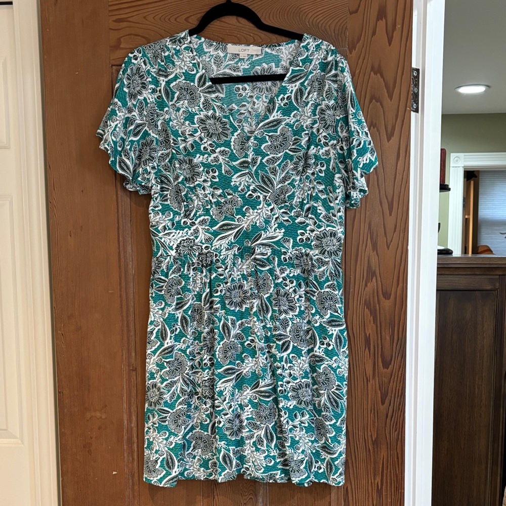 LOFT Teal and White Floral Dress Dress Size 14